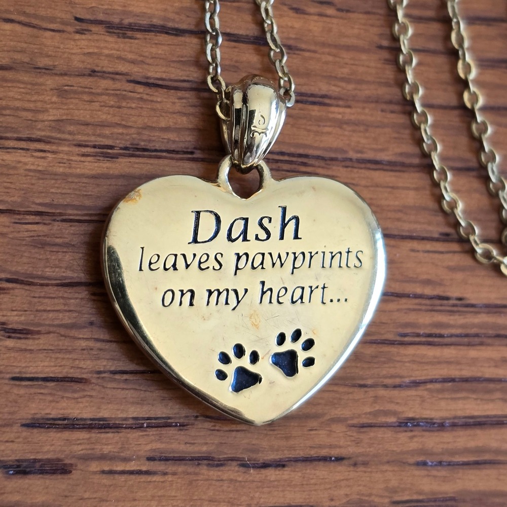 Gold Tone Heart Paw Print Pendant Necklace DASH Engraved Pet Memorial